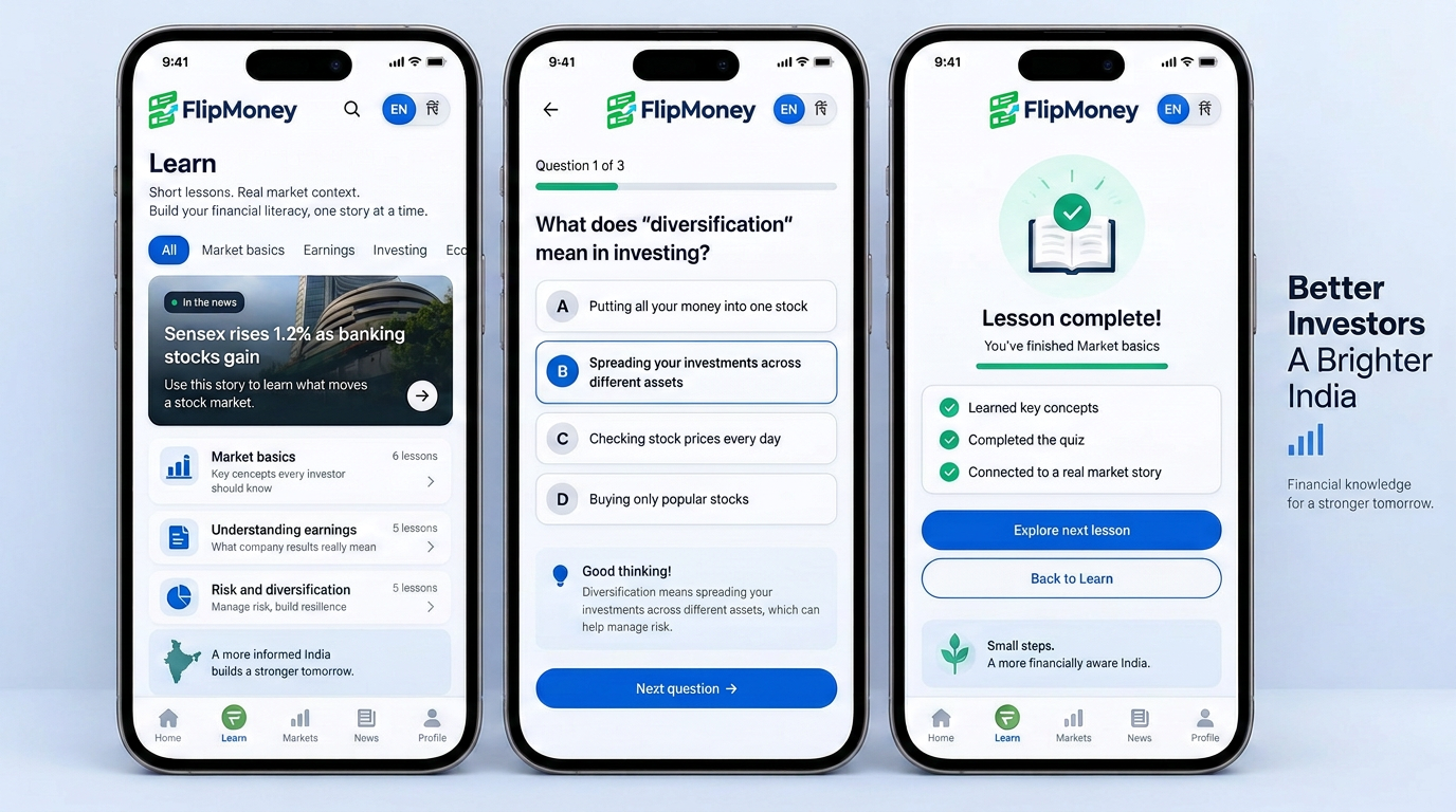 FlipMoney mobile financial learning lessons, quiz and completion screen