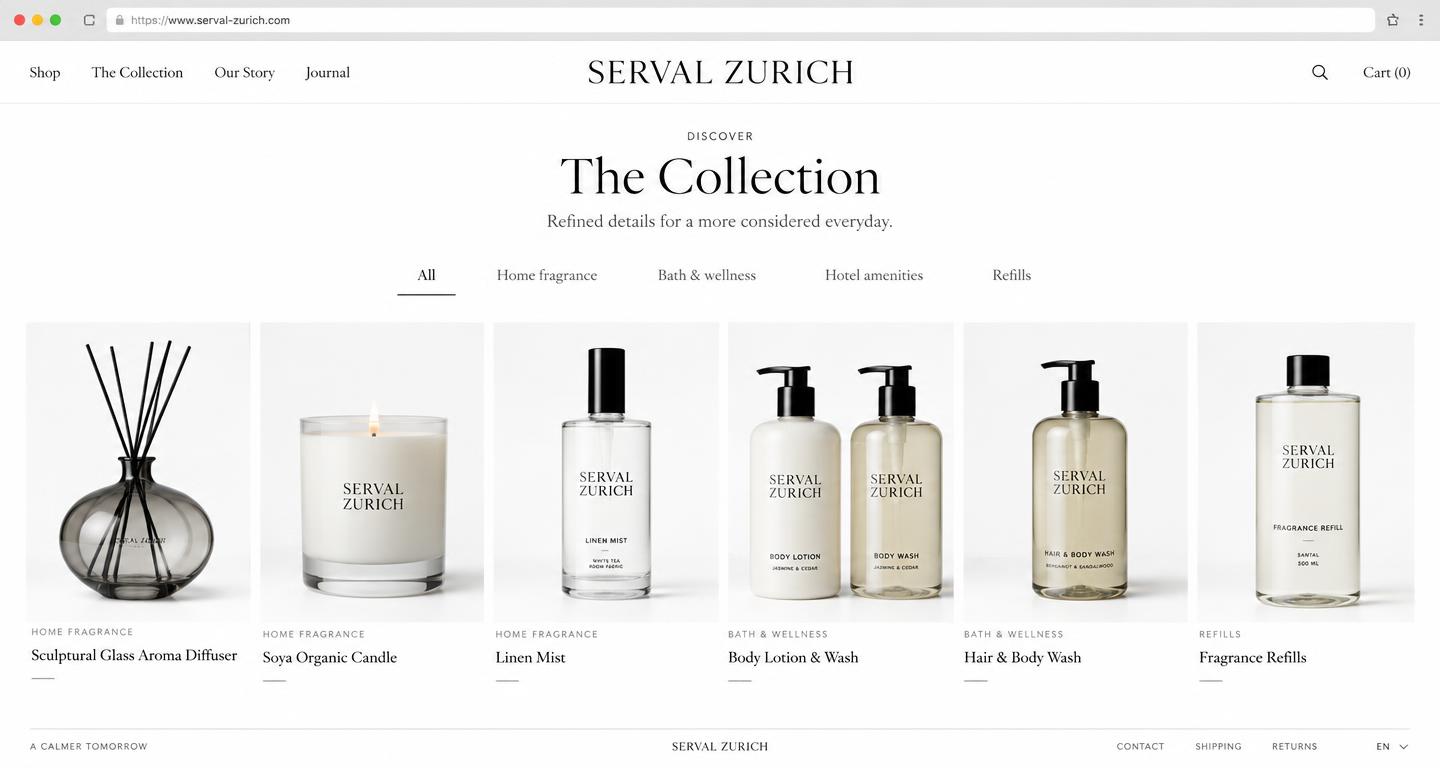 Serval Zurich luxury product collection with diffusers, candles, mists, body care and refills