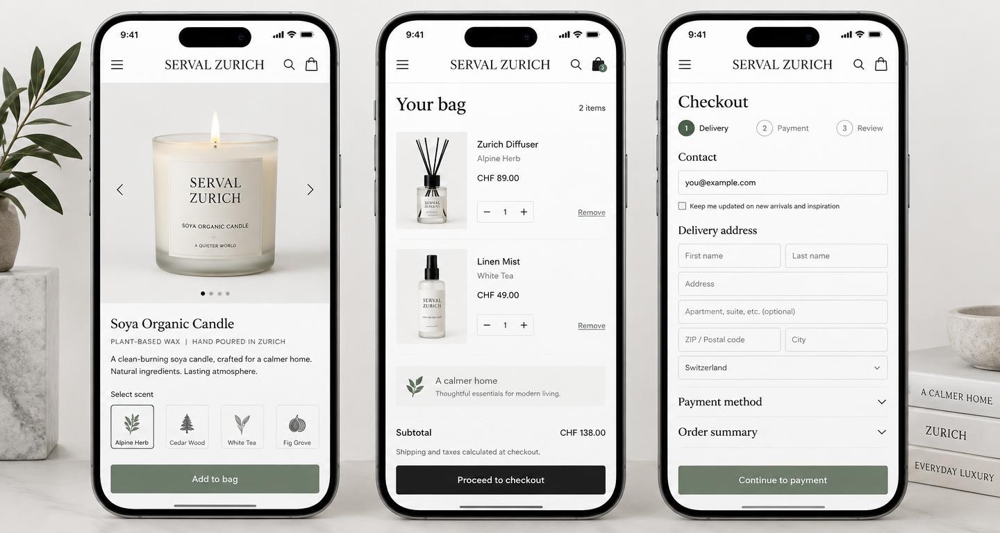 Serval Zurich mobile product, shopping bag and checkout experience
